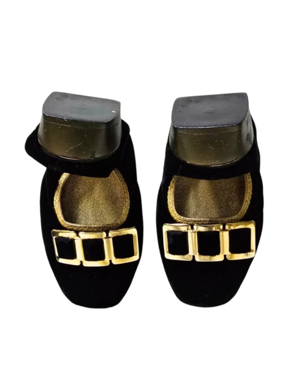 Vintage 60s Bertlyn New York Foldable Flats Small 5-5.5 Black Velvet Gold Buckle